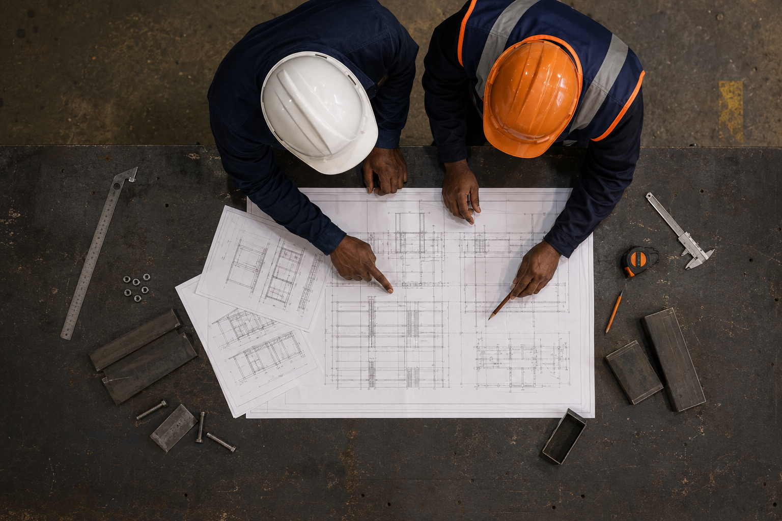 Team planning a construction project over blueprints